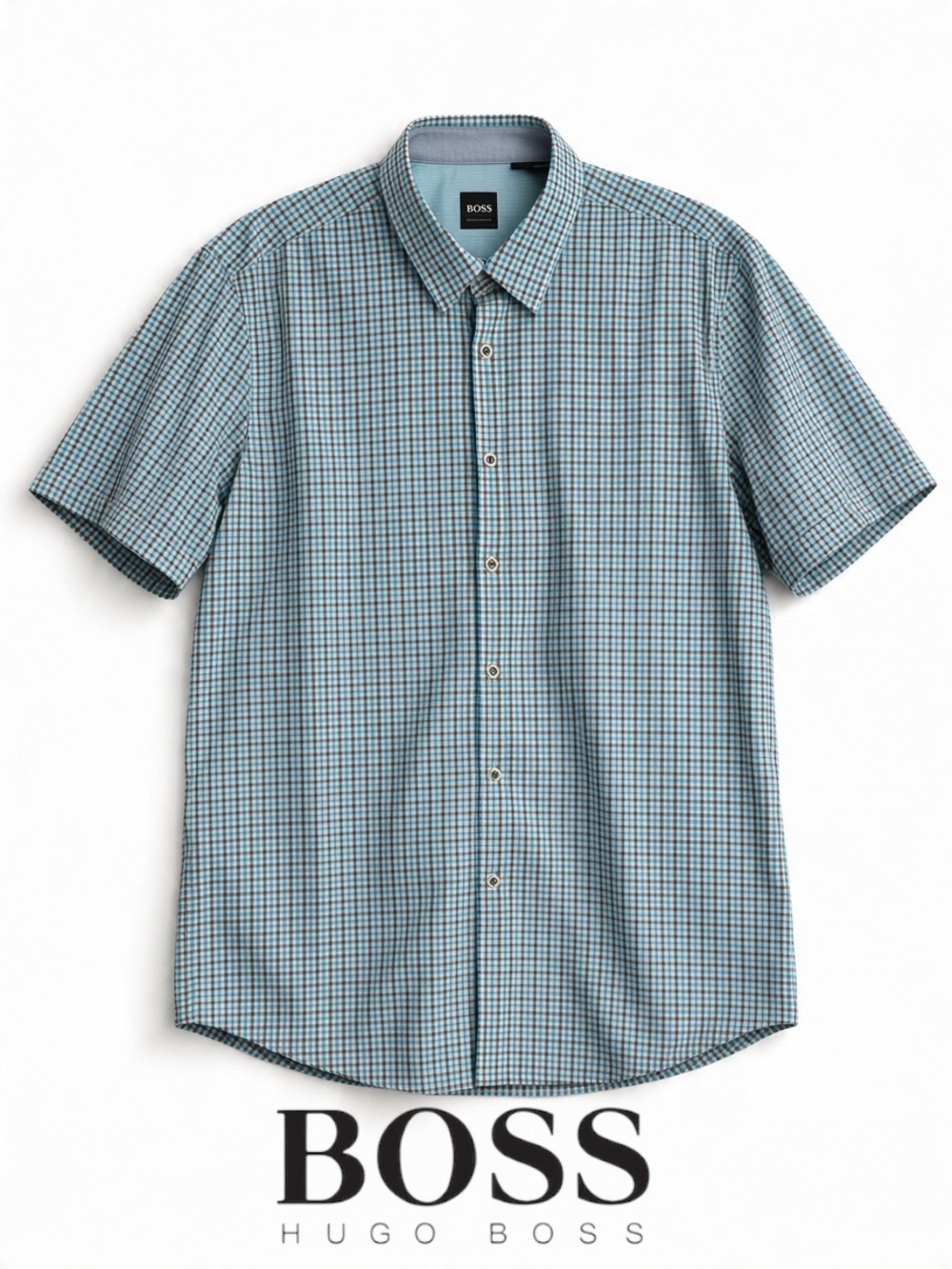 BOSS Men's XL Short-Sleeve Button-Down Shirt in Light Blue and Brown Check